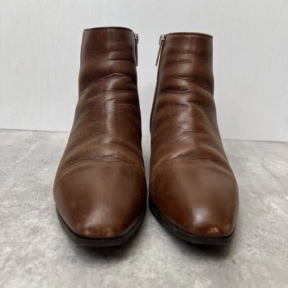 Aquatalia Block Heel Almond Toe Brown Leather Zip Ankle Boots Womens Size 8.5M - Picture 2 of 11